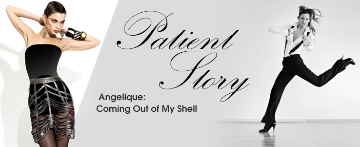 Two modeling shots of Angelique with the text - Patient Story Angelique: Coming out of my shell