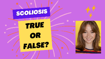 Headshot of Ava on a purple background next to text - Scoliosis True or False?